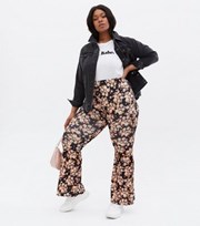 New Look Curves Black Floral Ribbed Flared Trousers